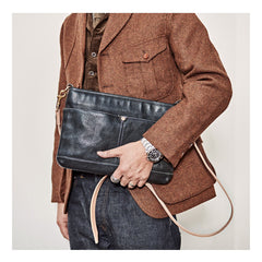 Casual Black Leather Mens 10'' Messenger Bag Brown Courier Bag Side Postman Bag For Men