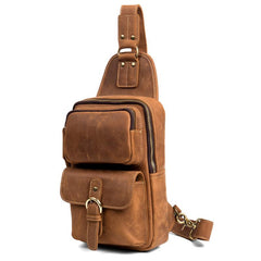 Cool Brown Leather Mens Sling Pack Sling Bag Crossbody Pack One Shoulder Pack Chest Bag for men