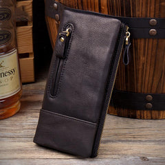 Black Cool Mens Leather long Wallet Brown Leather Zipper Wallet Long Wallets Clutch for Men