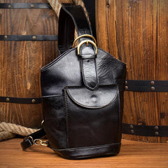 Black Leather Mens Cool Bucket Small Sling Bags Backpack Crossbody Pack Chest Bag for Men