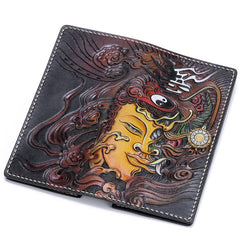 Handmade Leather Buddha&Demon Mens Tooled Long Chain Biker Wallet Cool Leather Wallet With Chain Wallets for Men