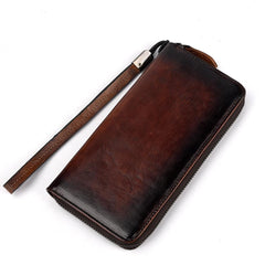 Handmade Leather Men's Zipper Long Wallet Clutch Wallet Wristlet Wallet For Men