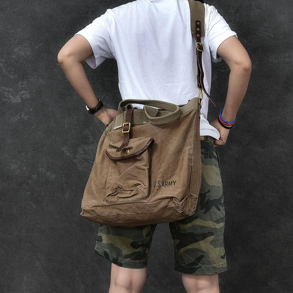Leather Mens Womens 15" Large Shoulder Bag Army Green Tote Bag Large Side Bag For Men
