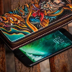 Handmade Leather Men Tooled Monkey King Cool Leather Wallet Long Phone Clutch Wallets for Men