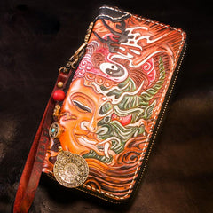 Handmade Leather Tooled Buddha Mens Chain Biker Wallet Cool Leather Wallet Long Phone Wallets for Men