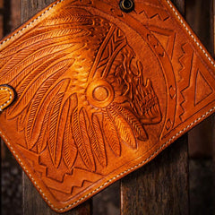 Handmade Leather Skull Indian Chief Tooled Mens billfold Wallet Cool Small Chain Wallet Biker Wallet for Men