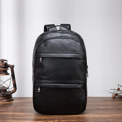 Black Cool Mens Leather College Backpack Laptop Backpack Black Travel Backpack for Men