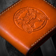 Handmade Leather Chinese Lion Tooled Mens billfold Wallets Cool Leather Wallet Small Wallet for Men