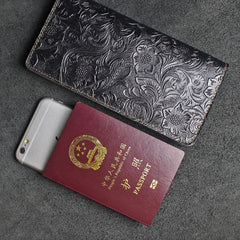 Handmade Leather Floral Mens Cool Travel Long Wallet Passport Card Holder Card Slim Wallets for Men