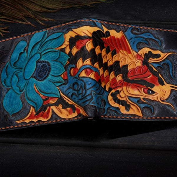 Handmade Leather Carp Tooled Mens billfold Wallet Cool Leather Wallet Slim Wallet for Men