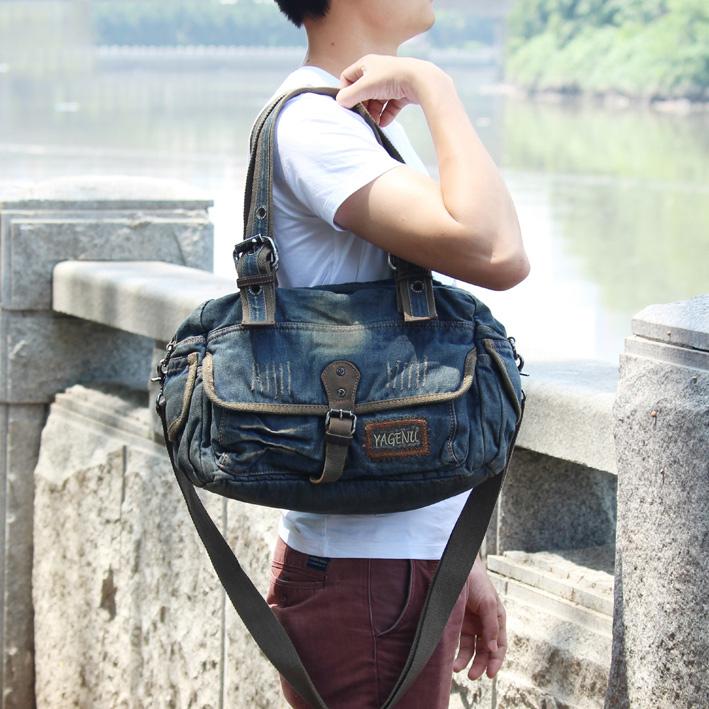 Denim Blue Mens Womens Large Side Bag Handbag Blue Jean Messenger Bag iChainWallets