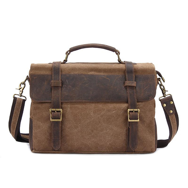 Canvas Leather Mens Vintage Khaki 14'' Briefcase Side Bag Lake Green Messenger Bag Brown Courier Bag for Men