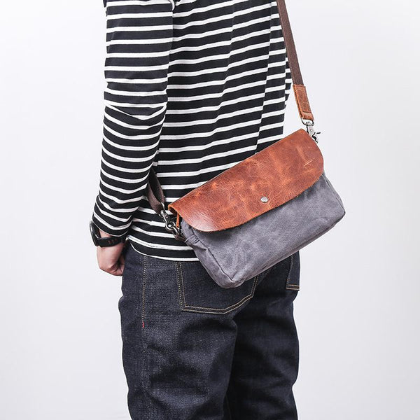Leather Canvas Mens Small Side Bag Gray Courier Bag Postman Bag Messenger Bag for Men