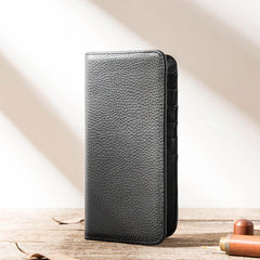 Fashion Black Leather Mens Bifold Long Wallet Thin Card Wallet Black Long Wallet for Men