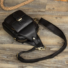 Black Leather Mens Cool Sling Bag Sling Pack Black Crossbody Packs Chest Bags for men