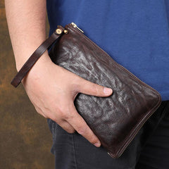 Cool Wrinkled Leather Mens Brown Long Wallet Wristlet Wallet Black Zipper Clutch Wallet for Men