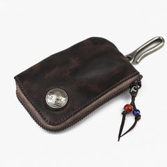 Vintage Brown Leather Men's Car Key Wallet Black Zipper Key Wallet For Men