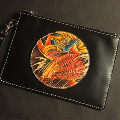 Cool Handmade Tooled Leather Floral Skull Clutch Wallet Wristlet Bag Clutch Purse For Men