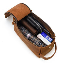 Brown Leather Men's Clutch Bag Double Zipped Dark Brown Wristlet Handbag Storage Bag For Men