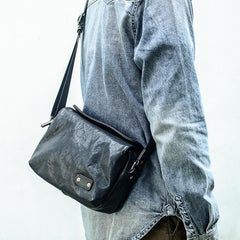 Casual Black Leather Mens 10 inches Side Bag Small Messenger Bag Black Postman Bag For Men