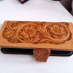 Handmade Leather Tooled Floral Mens Long Wallet Cool Long Wallet for Men