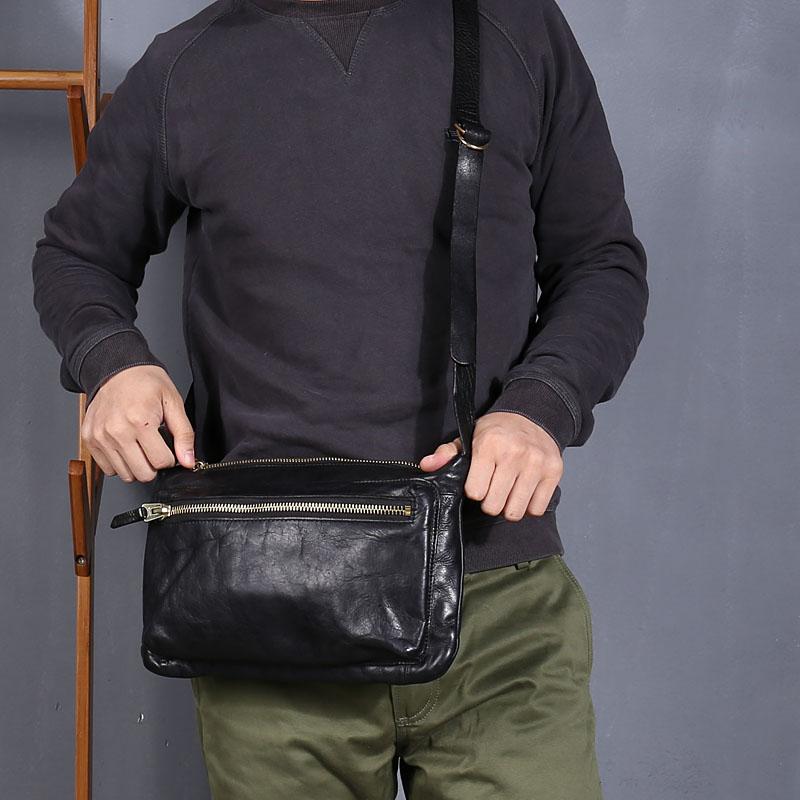 Vintage Black Leather Mens Cool Small Side Bag Messenger Bag Brown Postman Courier Bag for Men