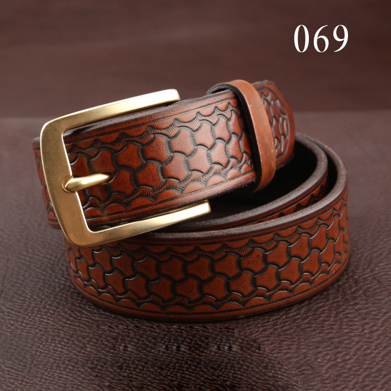 Handmade Tooled Black Leather Belt Armor Pattern Mens Brass Leather Belt for Men