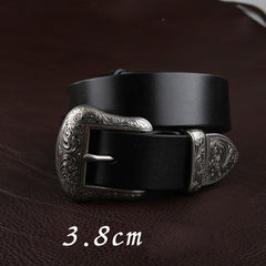 Handmade Black Leather Belt Floral-Embossed Western Mens Silver Leather Belt for Men
