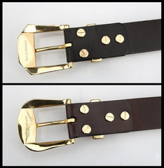 Handmade Mens Beige Leather Belts Minimalist Brass Leather Belt for Men