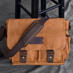 Canvas Leather Mens Large Brown Side Bag 14'' Khaki Messenger Bag Brown Postman Bag For Men