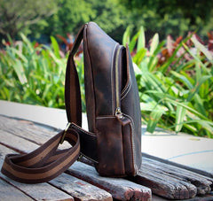 Casual Dark Brown Leather Mens Sling Pack Sling Bags Chest Bags One Shoulder Backpack for Men