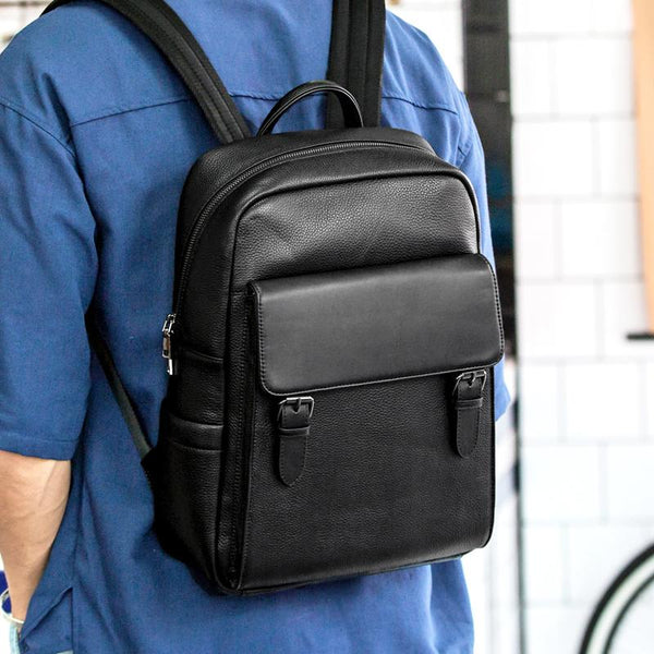 Business Black Mens Leather 15-inch Laptop Backpack School Backpacks Travel Backpacks for men