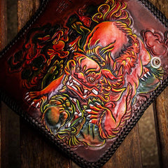Handmade Leather Chinese Lion Mens Biker Chain Wallet Cool Long Chain Wallets for Men