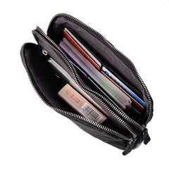 Cool Black Leather Mens Long Wallets Large Double Zipper Clutch Wallet Coffee Vintage Clutch Purse For Men