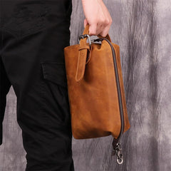 Cool Brown Leather Men's Red Brown Storage Bag Clutch Bag Portable Bag Mini Handbag for Men