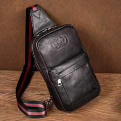 Cool Black Leather Mens Sling Bags Crossbody Pack Black Chest Bags One Shoulder Backpack for men