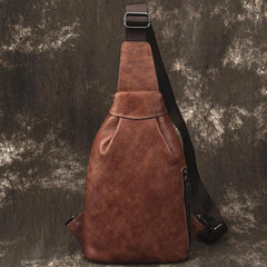 Brown Cool LEATHER MENS Sling Bag One Shoulder Backpack Chest Bag For Men