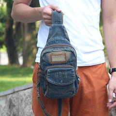 Denim Vintage Blue Messenger Bag Chest Bag Jean Blue One Shoulder Backpack For Men
