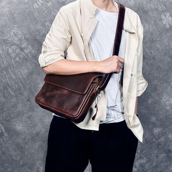 Cool Leather Mens 8‘’ Red Brown Small Side Bag Small Messenger Bag Shoulder Bag For Men