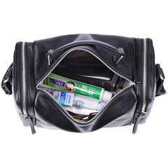 Fashion Black Leather Men's Small Barrel Side Bag Travel Bag Small Black Overnight Bag For Men