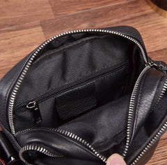 Black Leather Mens Tablet Messenger Bag Small Side Bag Black Shoulder Bag For Men