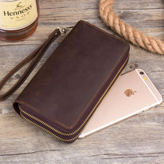 Cool Dark Brown Mens Bifold Zipper Long Wallet Clutch Wallet Wristlet CellPhone Wallet for Men