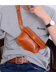 Cool Handmade Brown Leather Men Fanny Pack Hip Bag Bum Pack Waist Bag Chest Bag For Men