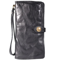 Cool Black Leather Mens Long Wallet Biker Wallet Chain Wallet Coffee Wristlet Clutch Wallet for Men