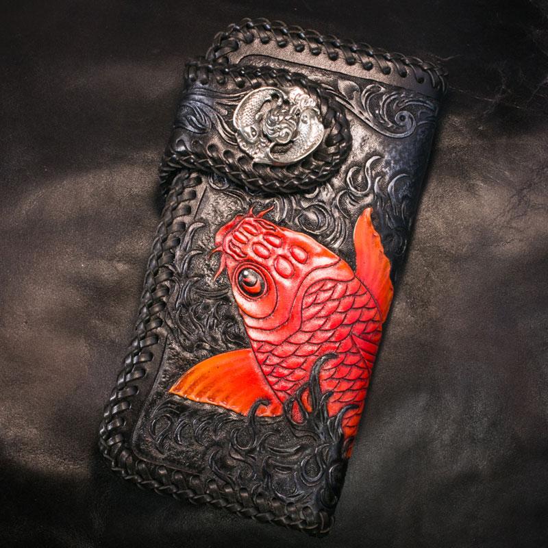 Handmade Leather Carp Mens Tooled Long Chain Biker Wallet Cool Leather Wallet With Chain Wallets for Men