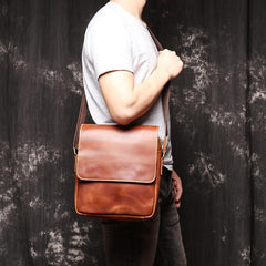 Best Brown Leather Men's Vertical Side Bag Brown Courier Bag Vertical Messenger Bag For Men