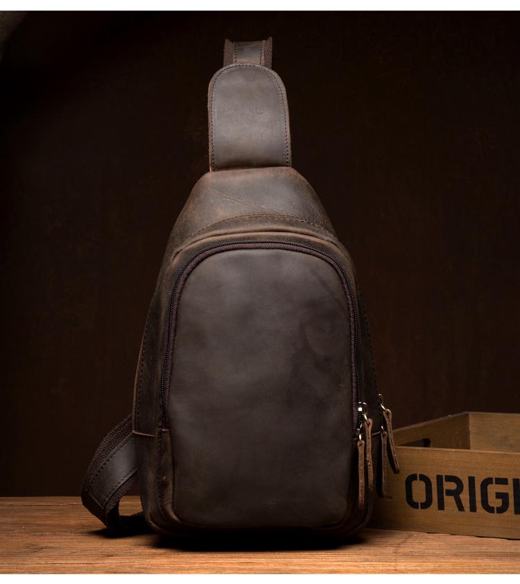 Cool Dark Brown Leather Mens Cool Sling Bag Crossbody Pack Brown Chest Bag Sling Pack for men