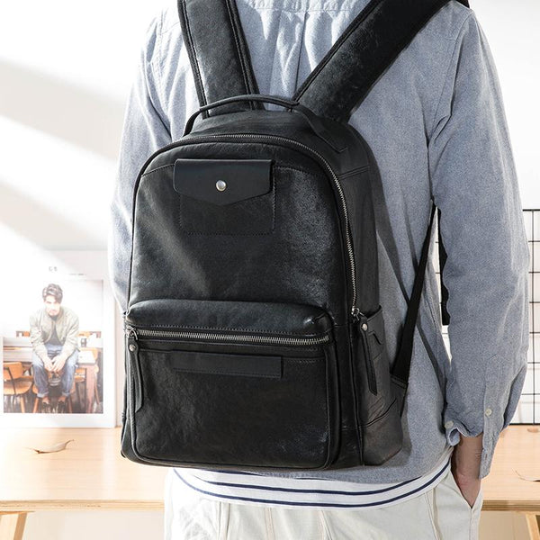 Black Fashion Mens Leather 15-inch Computer Backpacks Travel Backpacks Black College Backpack for men