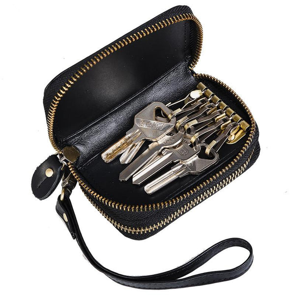 Cool Black Mens Double Zipper Leather Car Key Wallet Key Holder Change Holder For Men