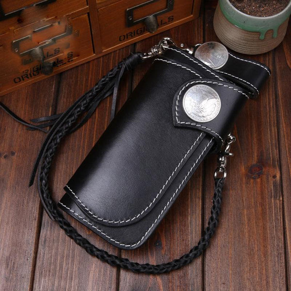 Handmade Mens Cool Black Leather Long Chain Wallet Biker Trucker Wallet with Chain